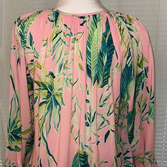 Lilly Pulitzer L Willa Pink Green Tropical Long Flounce Sleeve Front Tie Top - Picture 4 of 12